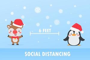 Reindeer and penguin practicing social distancing vector