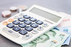 Calculator with money on a table photo