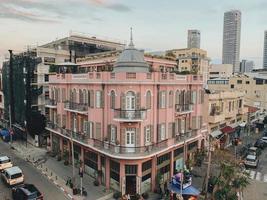 Tel Aviv-Yafo, Israel, 2020 - Aerial photo of a pink building