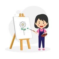 Happy Cute Kid Girl Drawing with Cheerful Expression vector