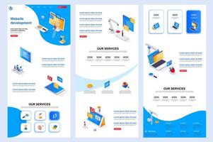 página de inicio isométrica de desarrollo de sitios web. vector