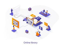 Online library isometric web banner. vector