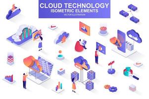 Cloud technology bundle of isometric elements. vector