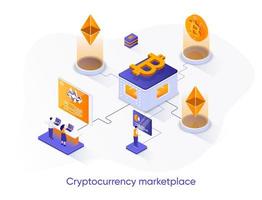 Cryptocurrency marketplace isometric web banner. vector