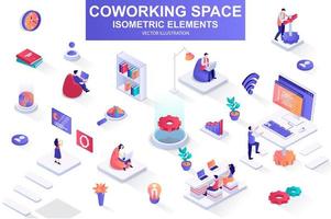 Coworking space bundle of isometric elements. vector