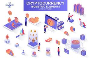 Cryptocurrency bundle of isometric elements. vector