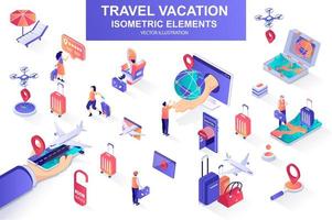 Travel vacation bundle of isometric elements. vector