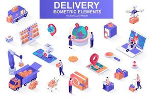 Delivery service bundle of isometric elements. vector