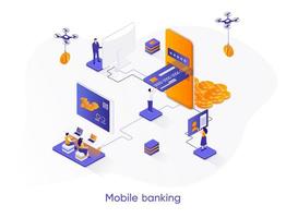 Mobile banking isometric web banner. vector