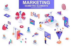 Marketing strategy bundle of isometric elements. vector