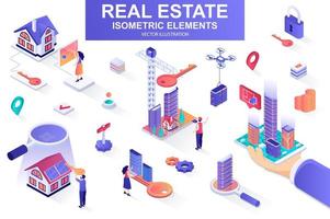 Real estate bundle of isometric elements. vector