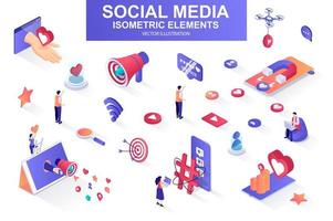 Social media bundle of isometric elements. vector