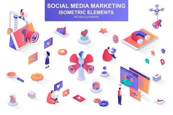 Social media marketing bundle of isometric elements.