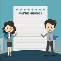 Man and Woman Pointing At We're Hiring Banner vector