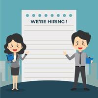 Man and Woman Pointing At We're Hiring Banner vector