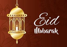 Eid Mubarak celebration banner with gold lamp vector