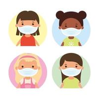 Young girls characters with face masks vector