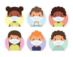 Young kids characters with face masks vector