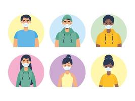 Young people characters with face masks vector