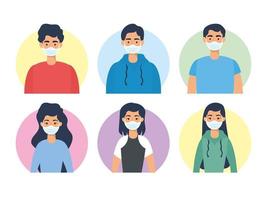 Young people characters with face masks vector