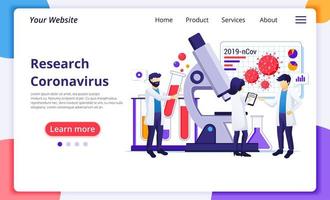 Research laboratory concept for Covid-19 Corona virus with scientists working at medicine laboratorium. Modern flat web page design for website and mobile website development. Vector illustration