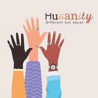 humanidad diferente pero igual y diversidad de manos vector