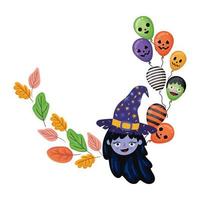 caricatura de bruja de halloween con diseño de hojas y globos vector