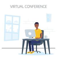 Man on the computer for a virtual conference call vector