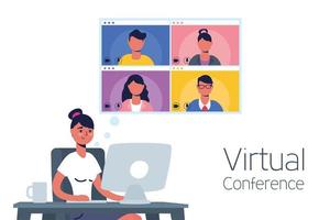 Woman on the computer for a virtual conference call vector