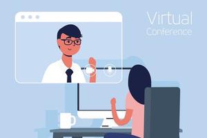 Woman on the computer for a virtual conference call vector