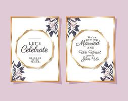 Two wedding invitations with gold ornament frames vector