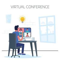 hombre que usa la computadora para una conferencia telefónica virtual vector