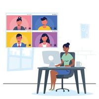 Woman on the computer for a virtual conference call vector