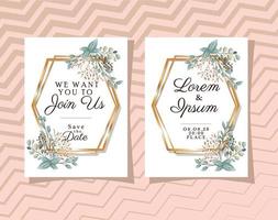 Two wedding invitations with gold ornament frames vector