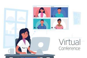 mujer en la computadora para una conferencia telefónica virtual vector