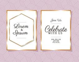 Two wedding invitations with gold ornament frames on purple background vector design