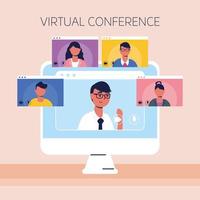 hombre que usa la computadora para una conferencia telefónica virtual vector