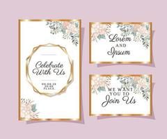 Wedding invitations set with gold ornament frames vector