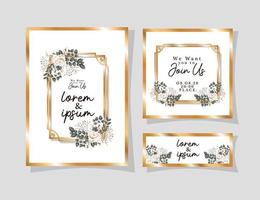 Wedding invitations set with gold ornament frames vector