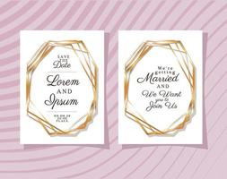 Two wedding invitations with gold frames vector