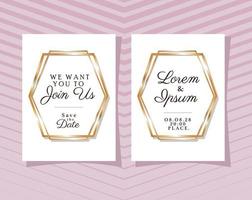 Two wedding invitations with gold frames vector