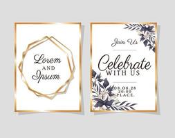 Two wedding invitations with gold frames vector