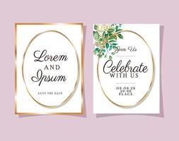 Two wedding invitations with gold frames vector