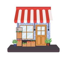 Store with tent and vegetables inside boxes vector