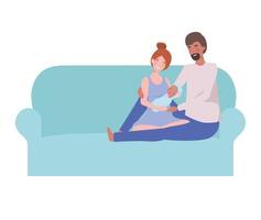 Parents with newborn baby sitting on sofa vector