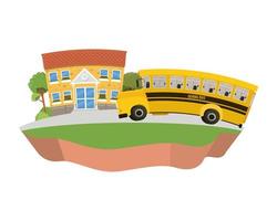 Edificio escolar de primaria con bus en paisaje. vector