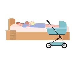 Young woman with newborn baby in bed vector