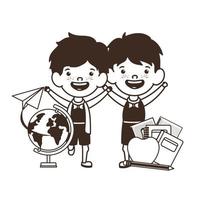 Silhouette of students boys standing with school supplies vector