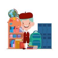 Student boy with school supplies in the classroom vector