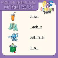 Write the missing letter of each word worksheet for children vector